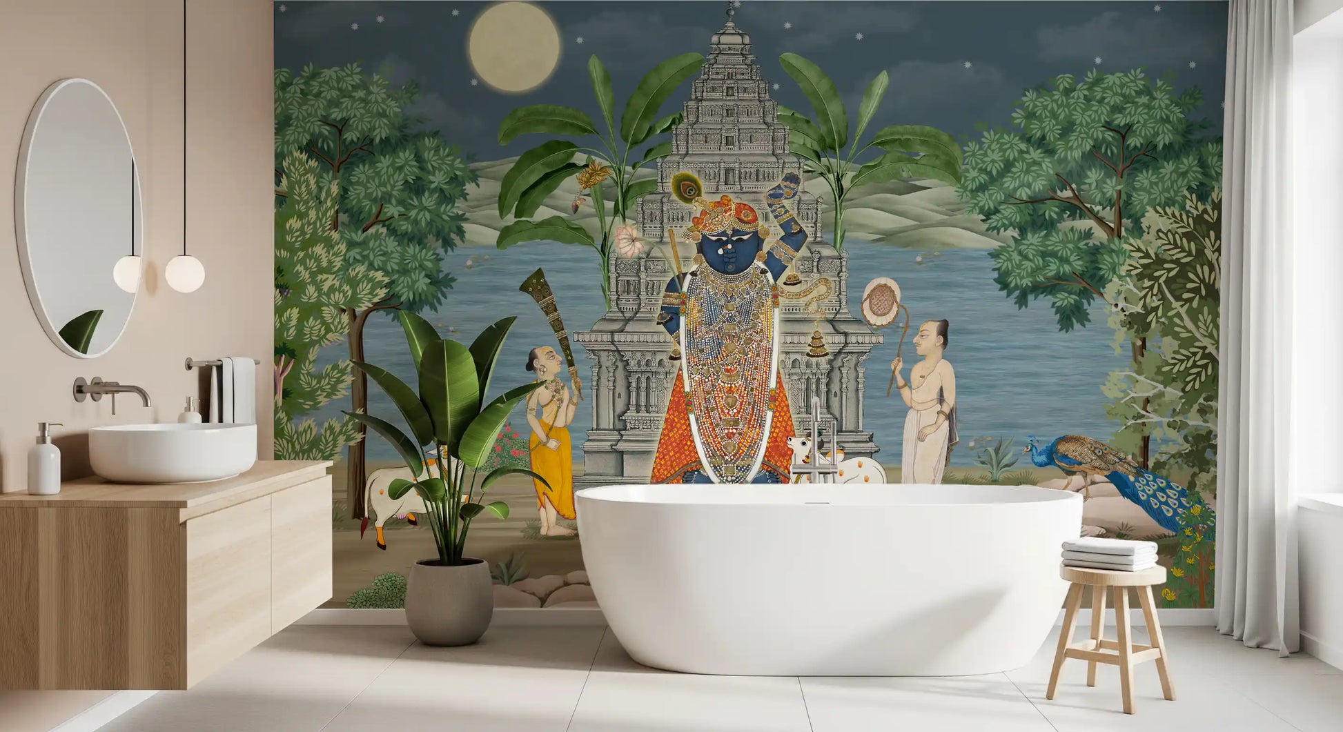 Spotted cows rest near the river within the Moonlit Divine wall mural