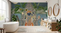 bathroom pairing greenery tones with the Moonlit Divine Realm wall mural