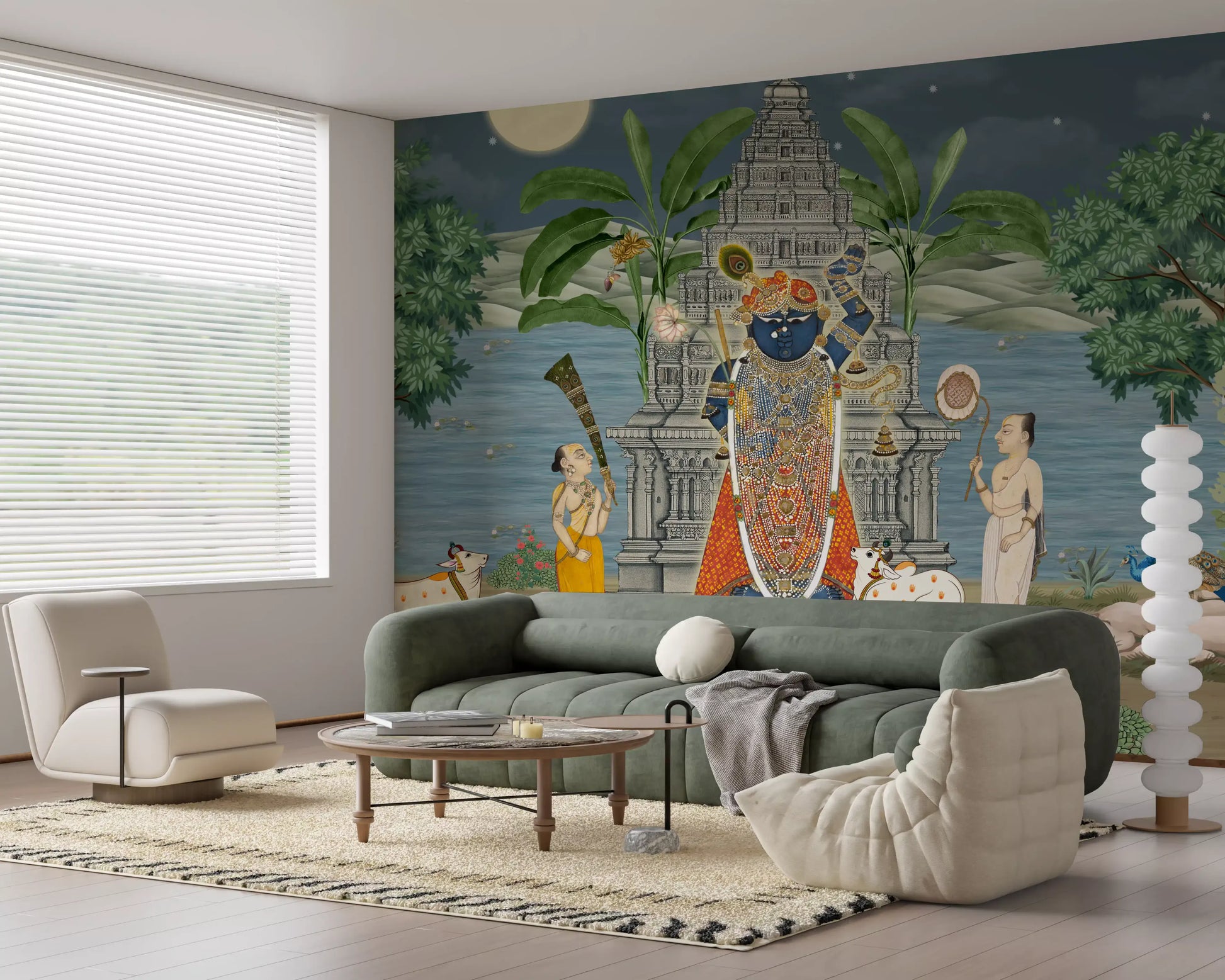 Full moon glows over the temple shrine in this Moonlit Divine Realm wall mural