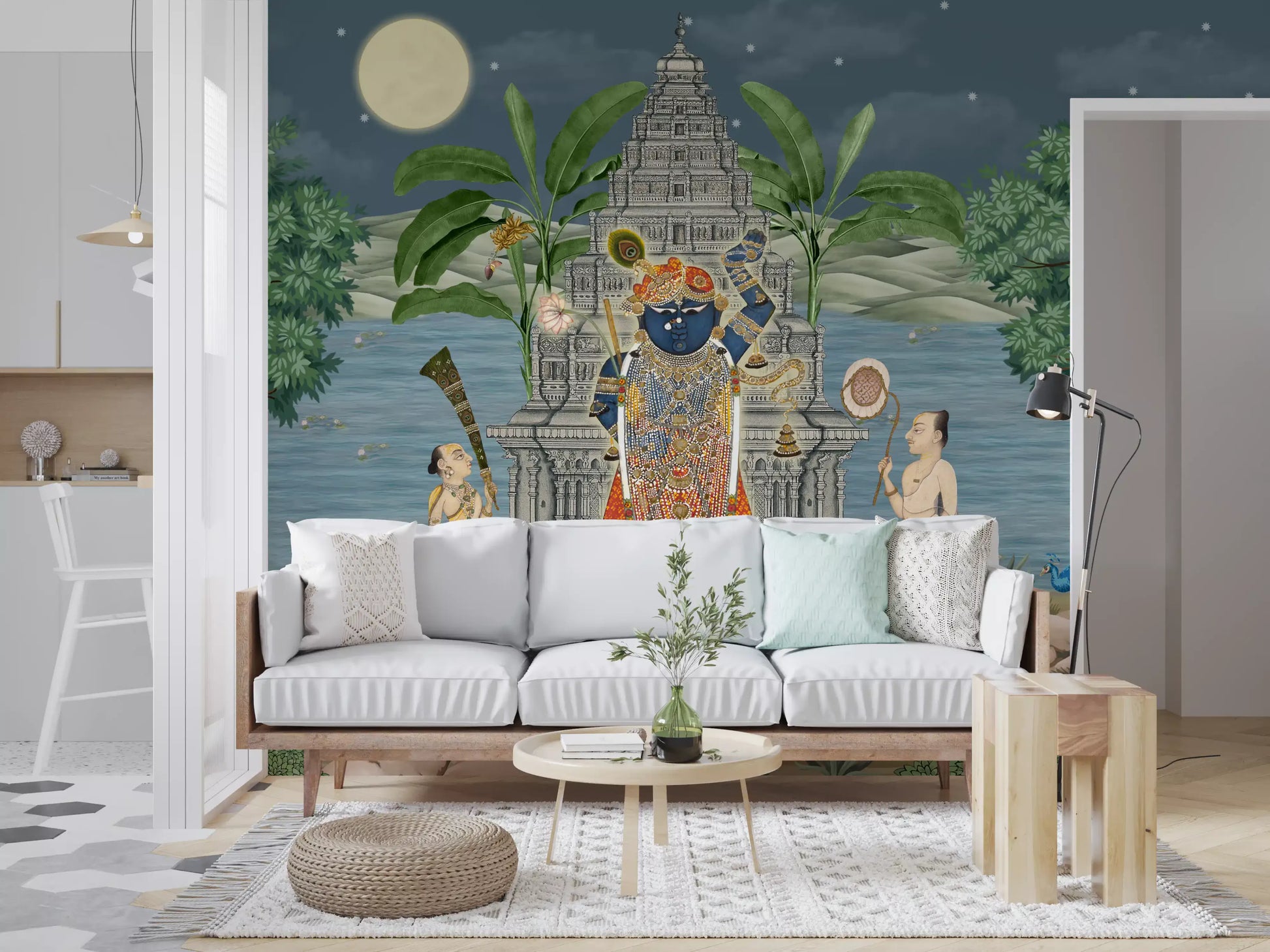 Lounge corner where peacocks and cows fill the Moonlit Divine Realm wall mural