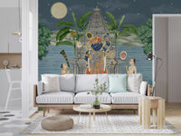 Lounge corner where peacocks and cows fill the Moonlit Divine Realm wall mural