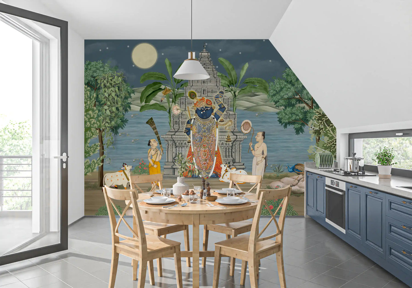 Banana plants rise behind the shrine on the Moonlit Realm wall mural
