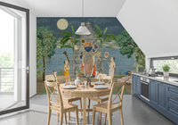 Banana plants rise behind the shrine on the Moonlit Realm wall mural
