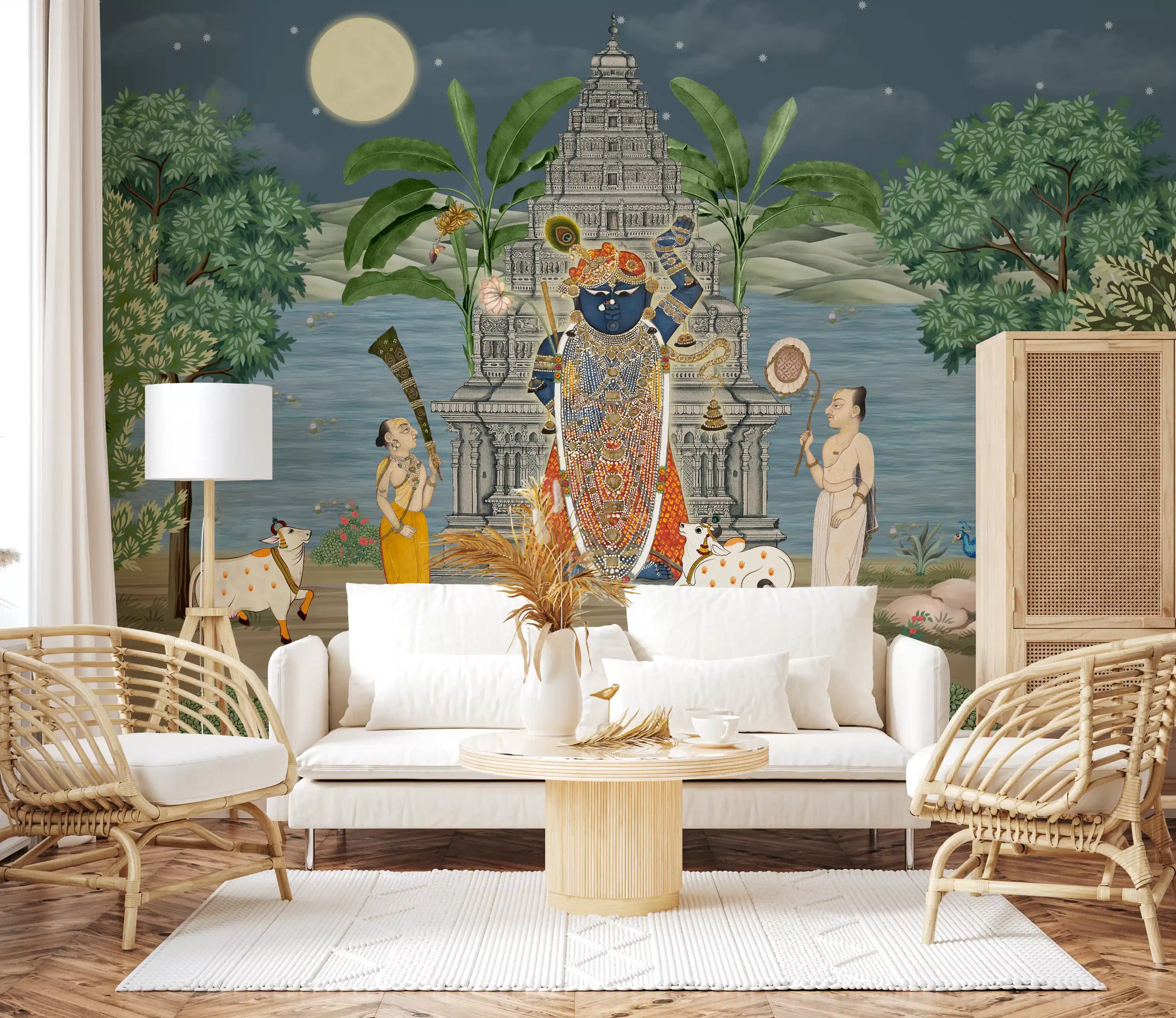 Living room seating sits before the Moonlit Divine Realm wall mural temple shrine