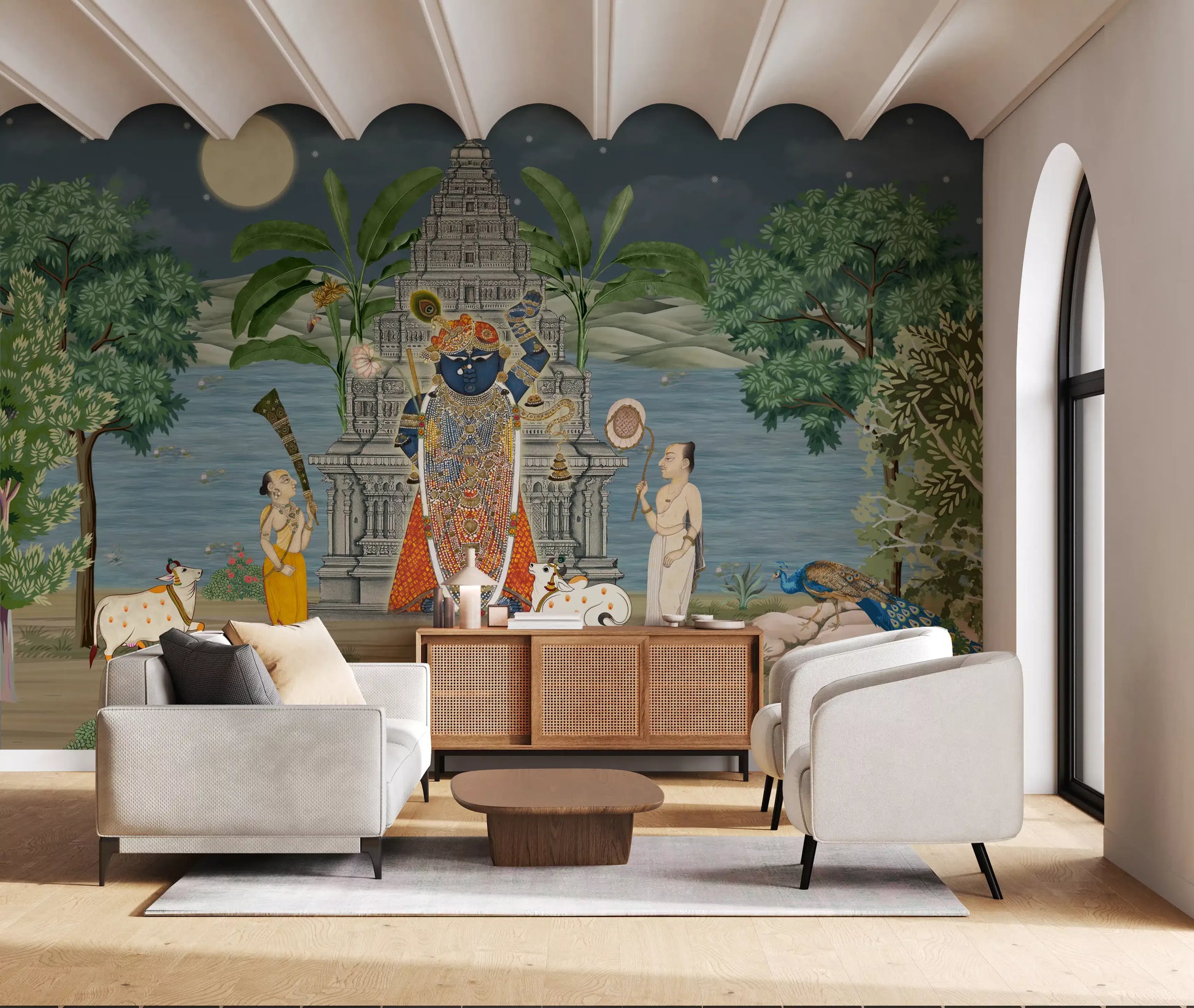 Living room feature using the Moonlit Divine Realm wall mural night sky scene