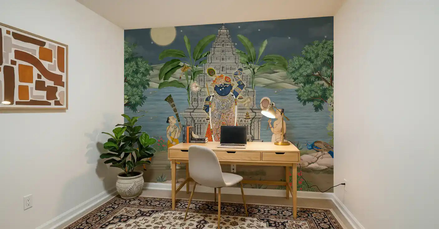 Quiet study backed by the temple and river Moonlit Divine Realm wall mural