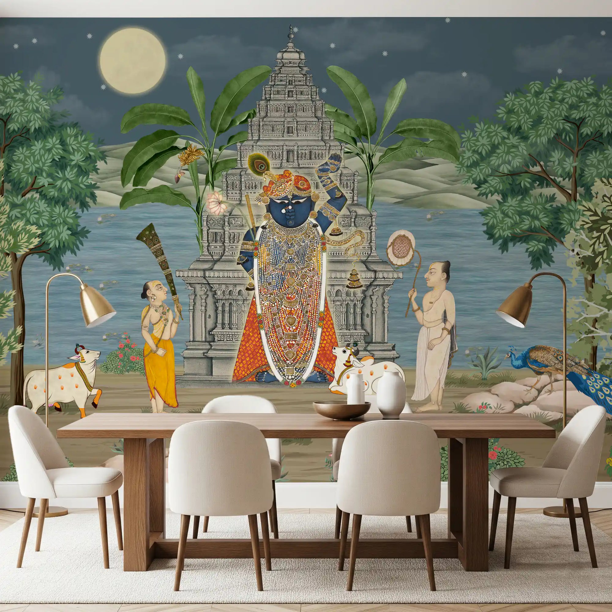 Dining room styled around the Moonlit Divine Realm wall mural and a full moon scene
