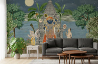 Two attendants stand beside the deity across the Moonlit Divine wall mural