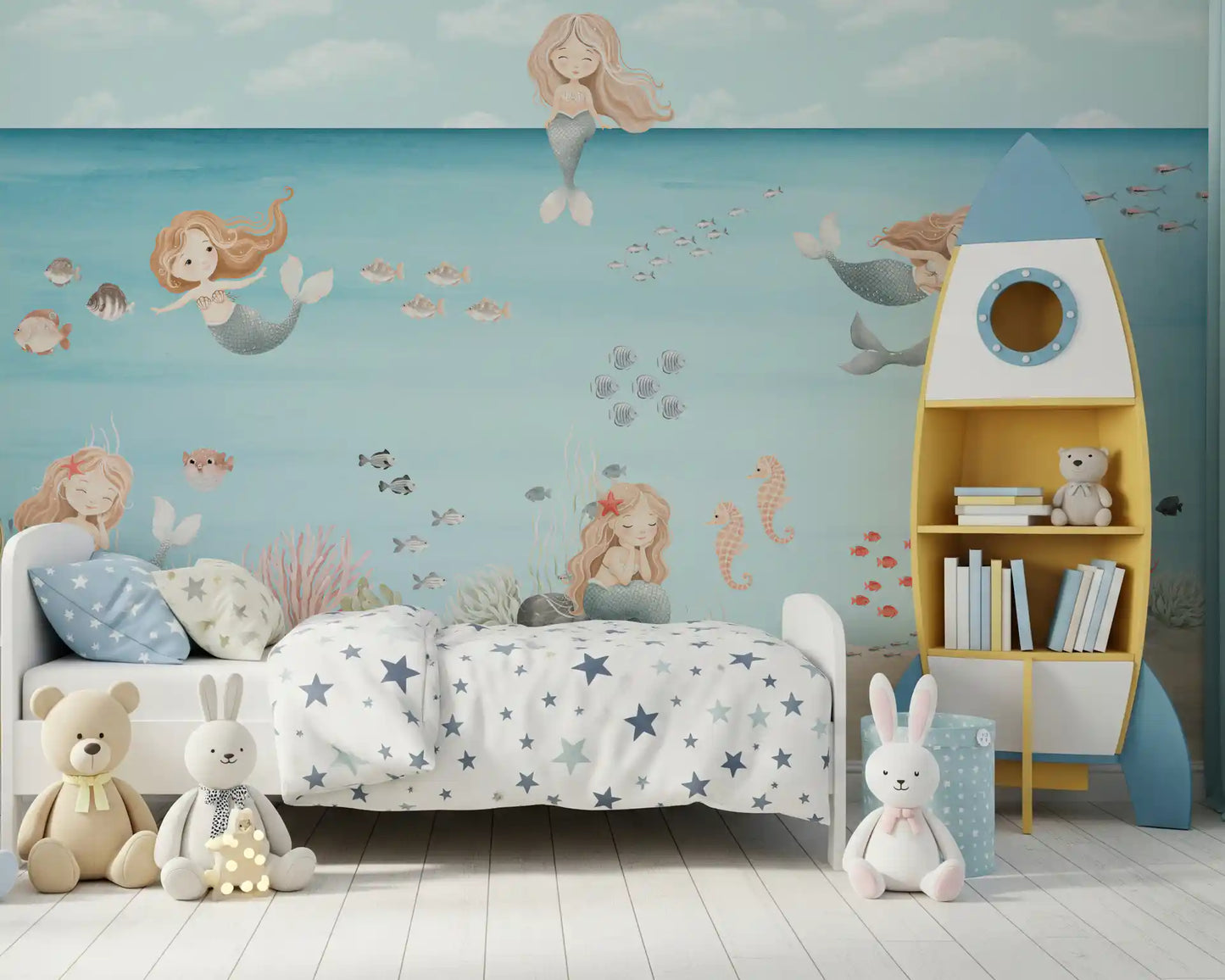 A child's Bedroom corner opens onto the Mermaid Lagoon Dreams wall mural