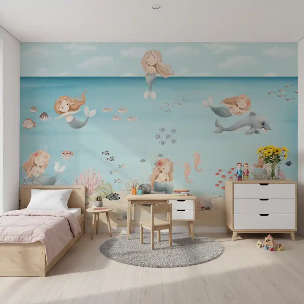 Lagoon Dreams wall mural spreads its mermaid scene across a kids' room