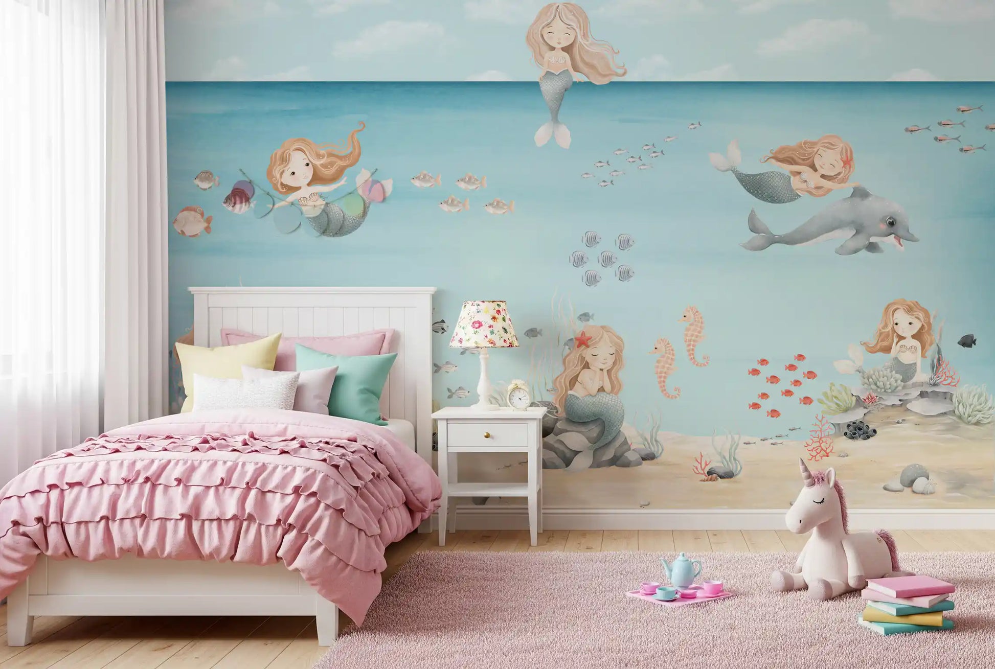 Girl' bedroom pairs a underwater Mermaid Lagoon wall mural