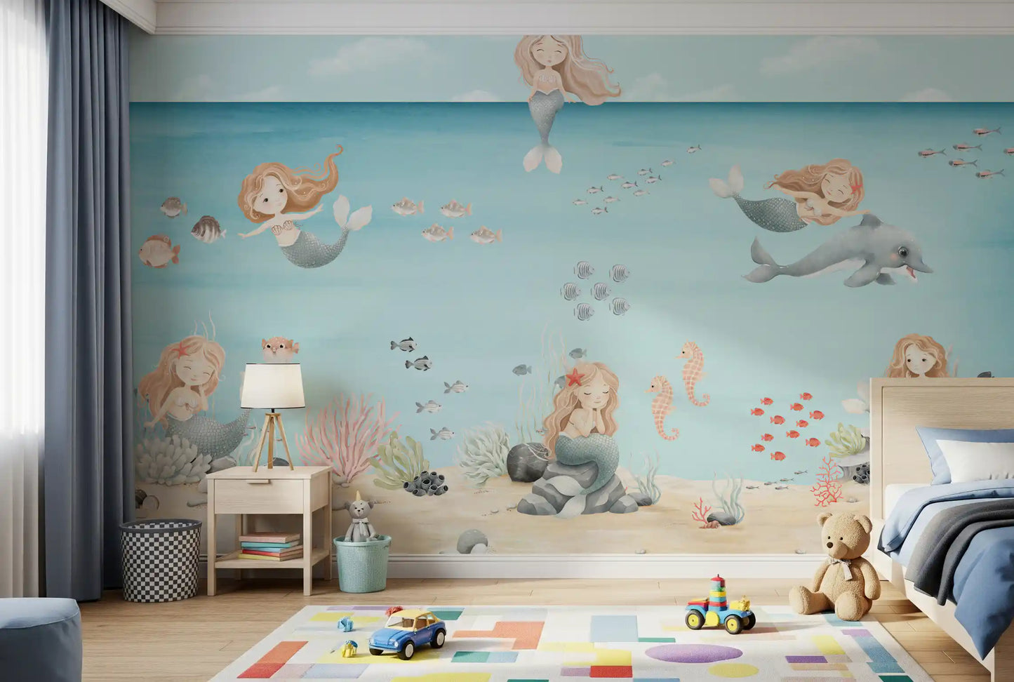 A grey dolphin glides over reeds on this Mermaid Lagoon wall mural
