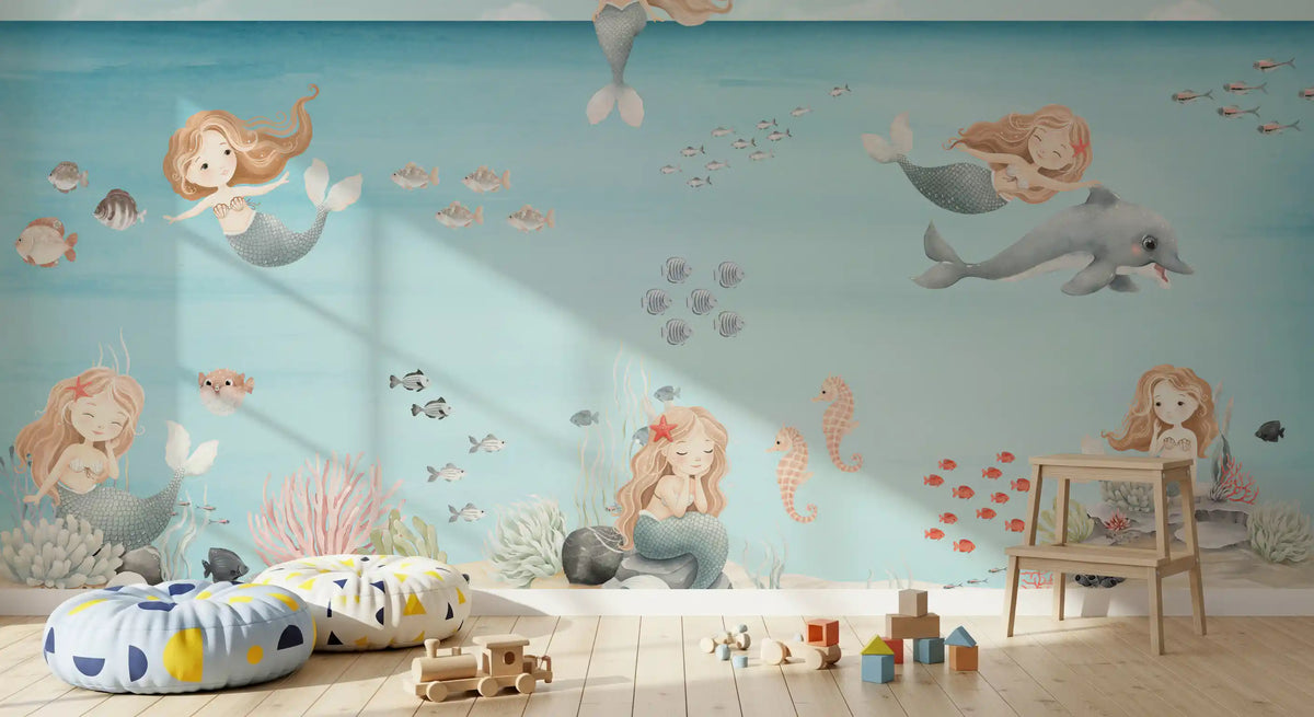 Pink Nursery area shows the Mermaid Lagoon Dreams wall mural