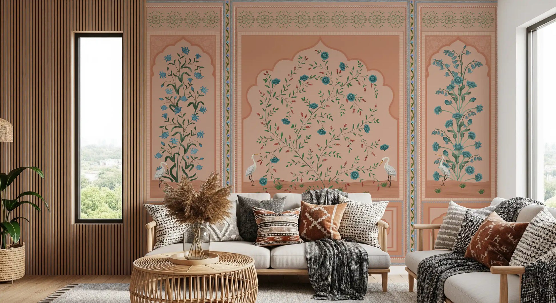 Crane and floral panels of the Mughal Garden wall mural facing the Living room