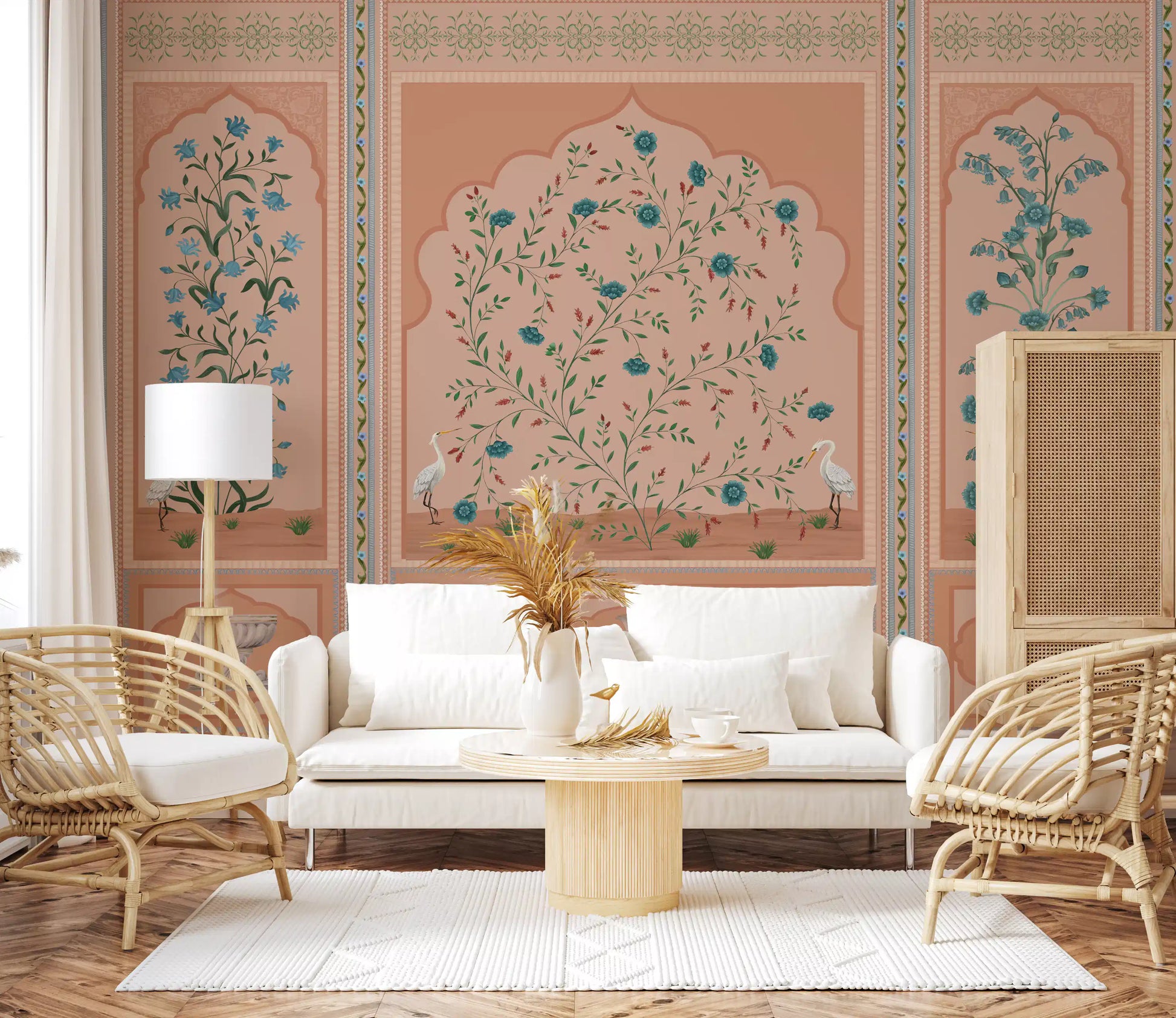 Living room set arched botanical bays of this Mughal Garden Panels wall mural