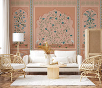 Living room set arched botanical bays of this Mughal Garden Panels wall mural