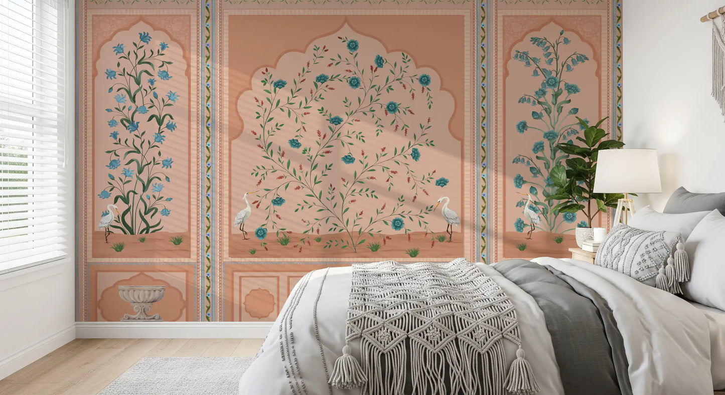 Flowering vines climb each panel of the Serene Mughal Garden wall mural