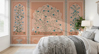 Flowering vines climb each panel of the Serene Mughal Garden wall mural