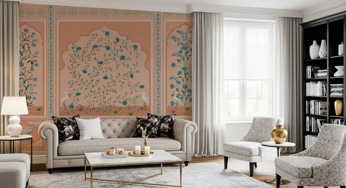 flowering panels of the Serene Mughal Garden wall mural frame a relaxed lounge