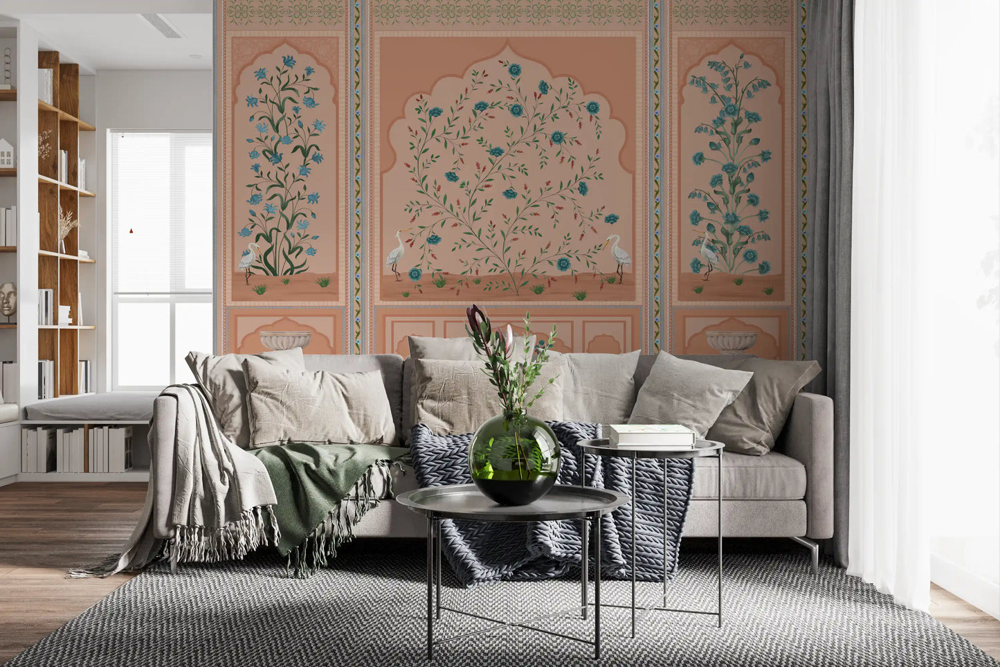 living room where the Mughal Garden Panels wall mural lines the span
