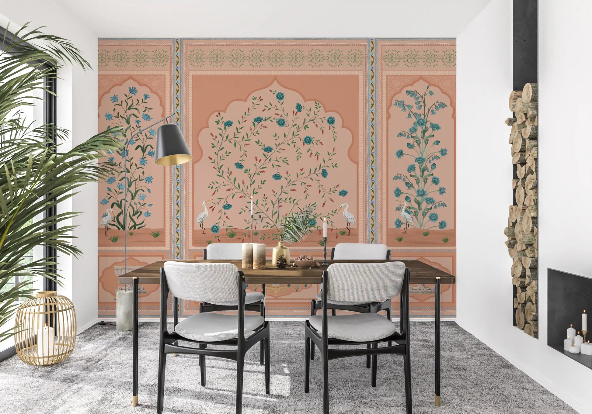 Serene Mughal Garden Panels wall mural showing three arched floral bays in peach