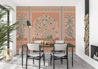 Serene Mughal Garden Panels wall mural showing three arched floral bays in peach
