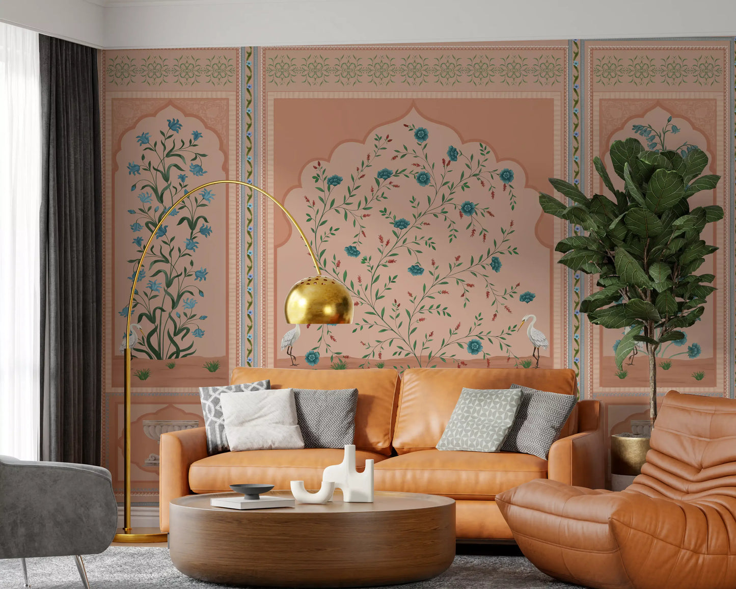 Teal blooms and cranes a calm lounge on the Serene Mughal Garden wall mural