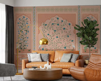 Teal blooms and cranes a calm lounge on the Serene Mughal Garden wall mural