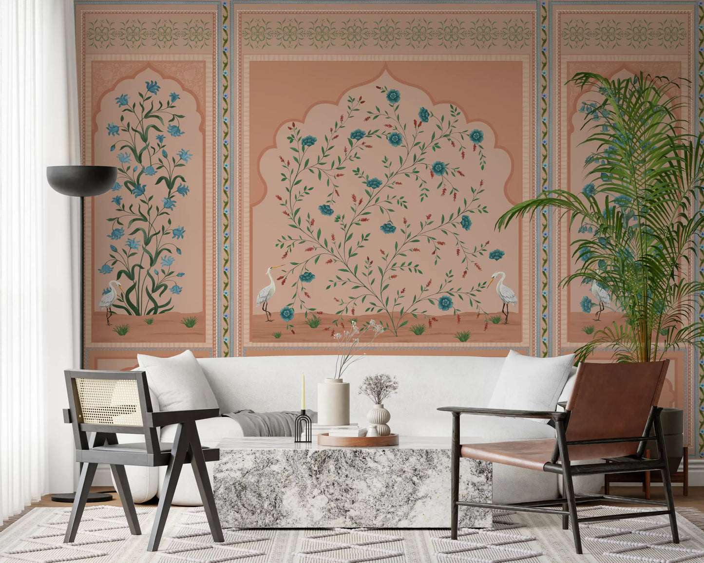 White cranes rest among teal blooms across this Mughal Garden Panels wall mural