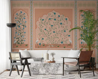 White cranes rest among teal blooms across this Mughal Garden Panels wall mural