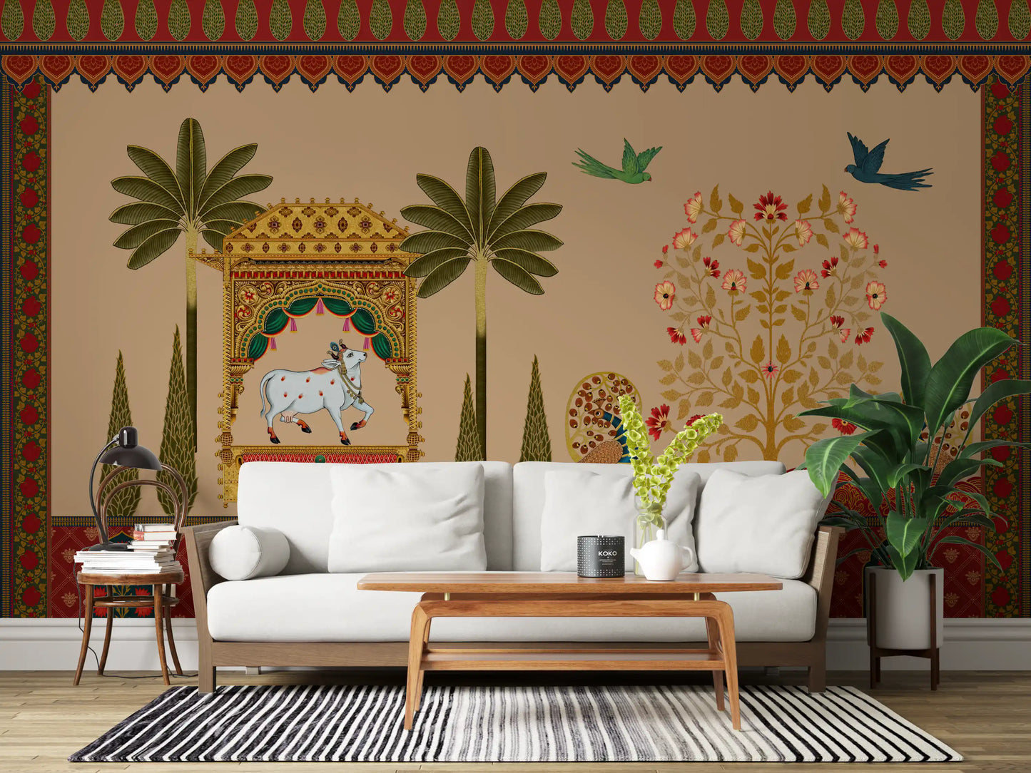 Palms and cypress frame the central pavilion of this sacred cow wall mural