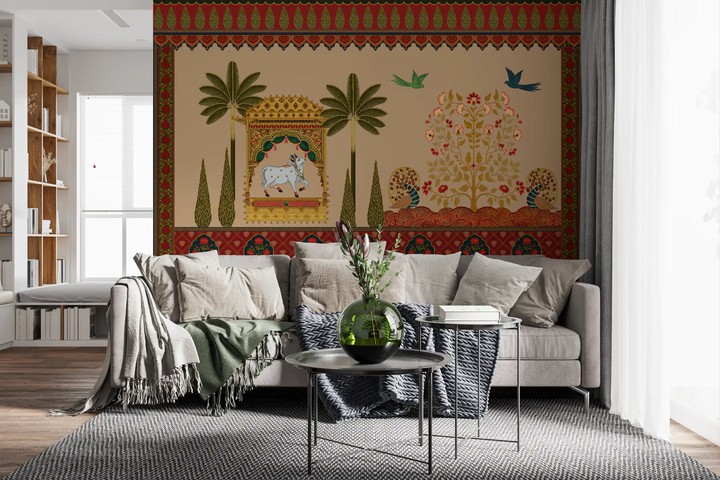 Pichwai sacred cow scene gives this lounge its full wall mural feature