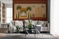 Pichwai sacred cow scene gives this lounge its full wall mural feature