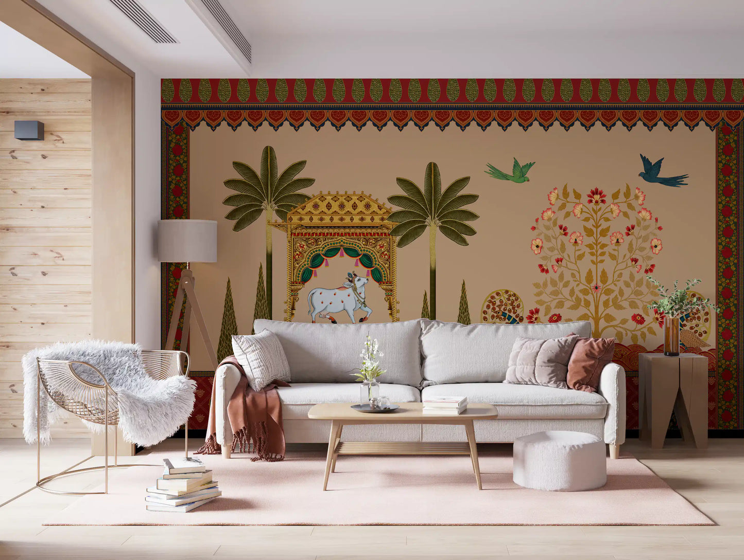 Living room shows a Mughal wall mural with peacocks and a flowering tree
