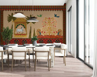 a Dining room , the Mughal garden wall mural sets the backdrop
