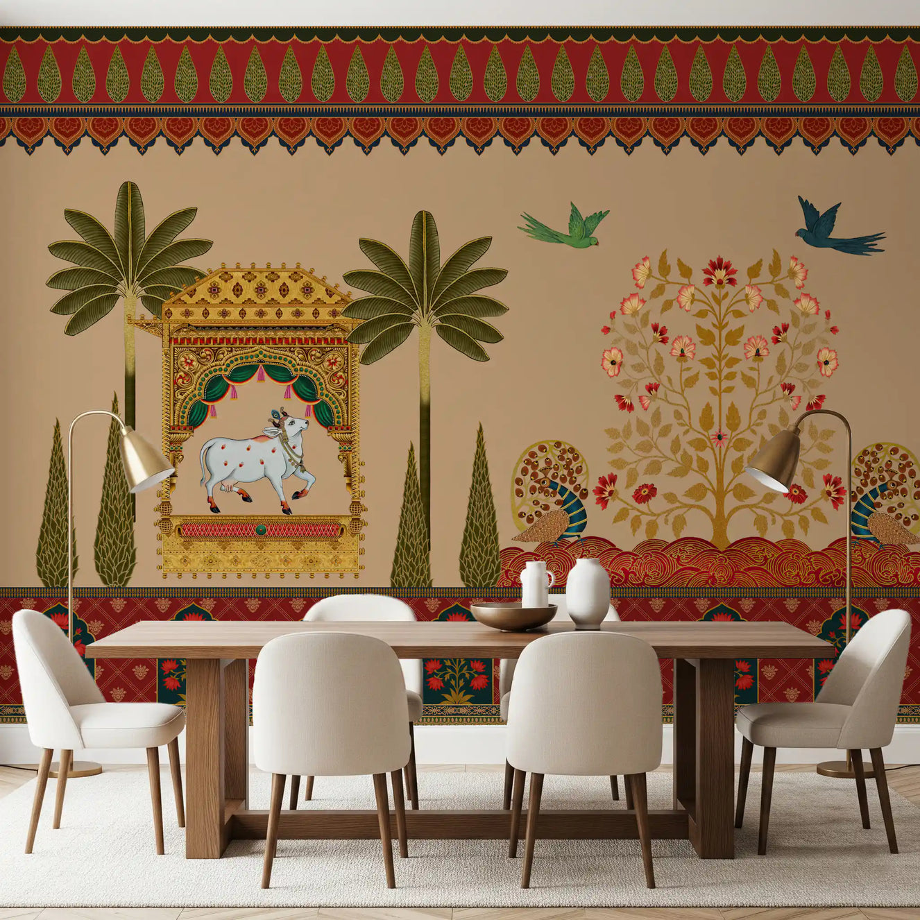 Dining room set with a Mughal garden sacred cow wall mural 