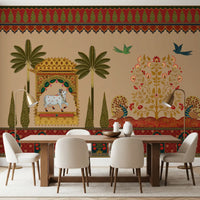 Dining room set with a Mughal garden sacred cow wall mural 