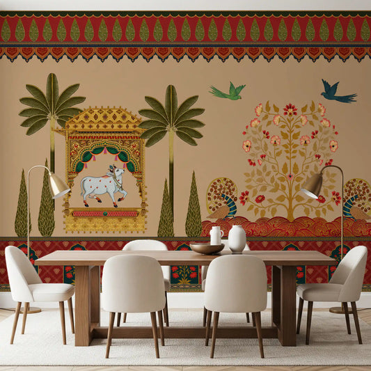 Dining room set with a Mughal garden sacred cow wall mural 