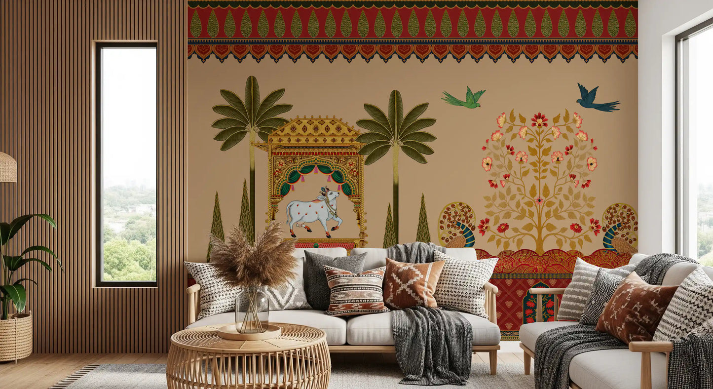 Warm sand tones of the wall mural suit this open Living area neatly