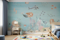 Seahorses and orange fish drift across the Deep Sea Mermaid Haven wall mural