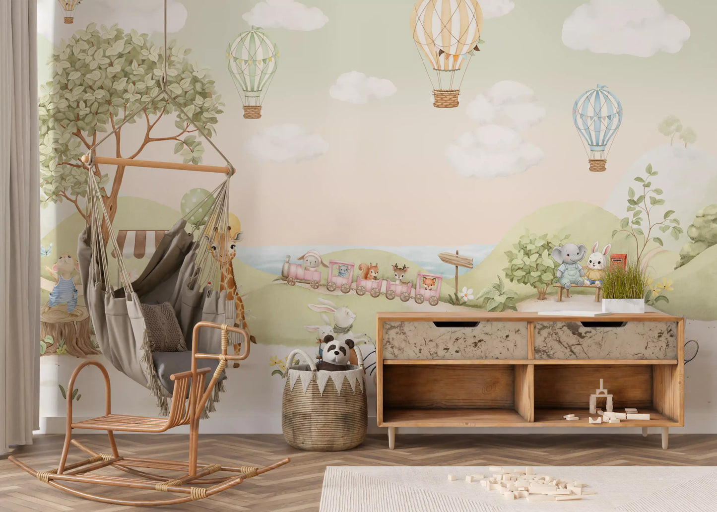 A pastel train of animals rolls through the Animal Adventure wall mural