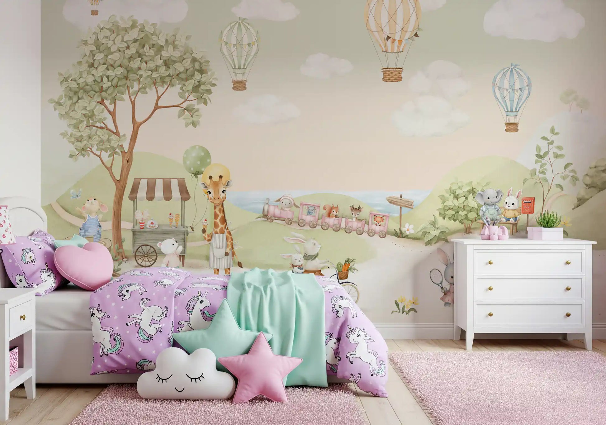 Cycling bunnies lead the scene on this Whimsical Animal Adventure wall mural