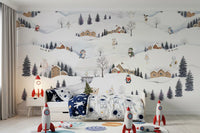 Arctic Village Playtime wall mural spread wide behind a kids' room play area