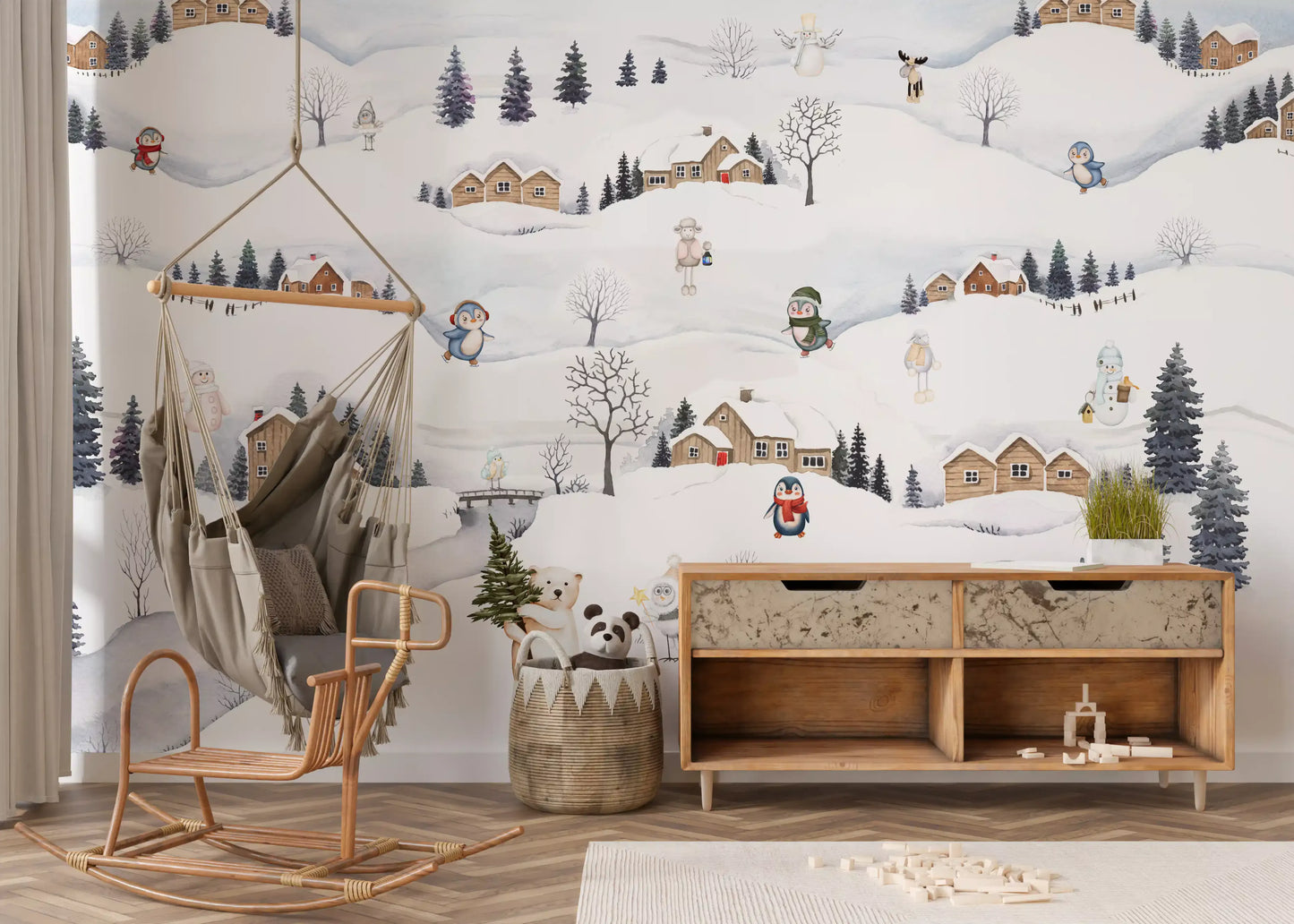 Wooden cabins with red doors dot the Village Playtime wall mural slopes