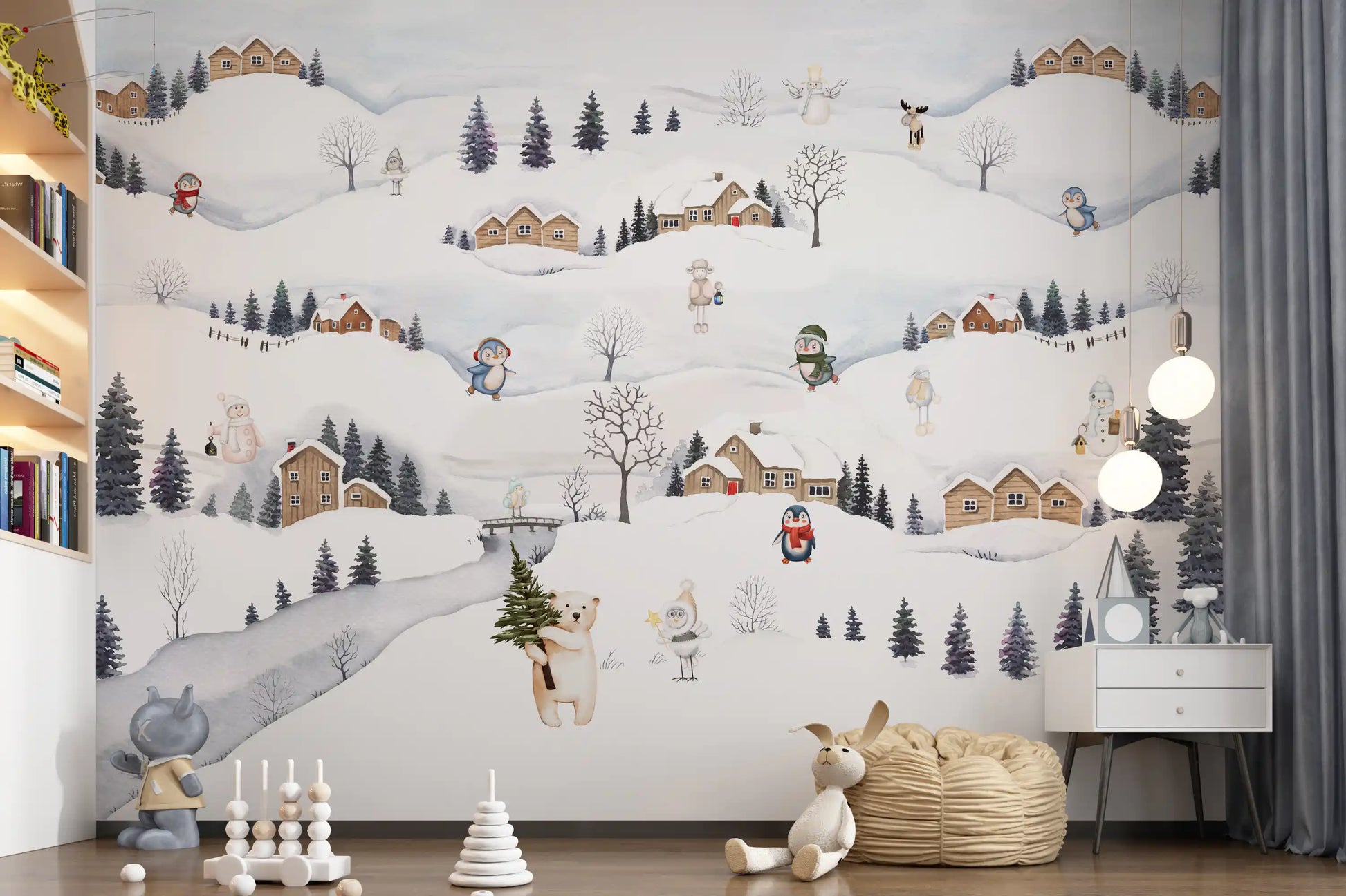 Skating penguins in scarves liven up the Arctic Playtime wall mural