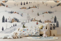 Nursery styled around the snowy Arctic Village wall mural and its cabins