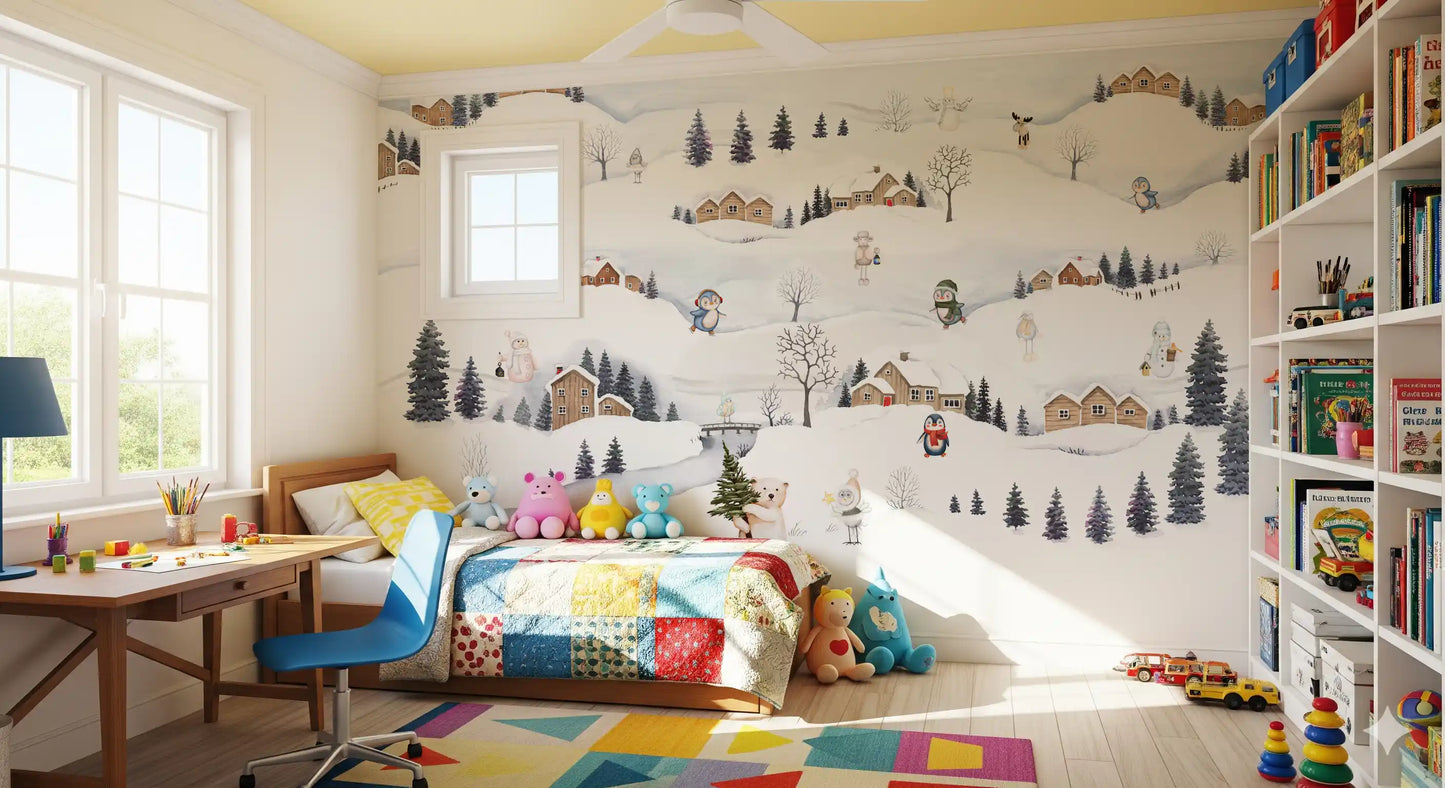 Polar bear hugs a fir at the heart of the Arctic Village wall mural