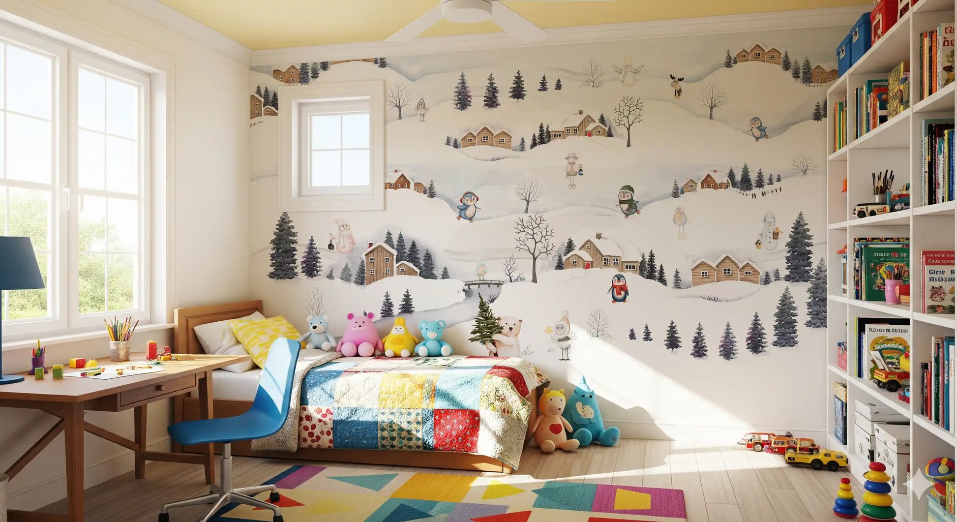 Polar bear hugs a fir at the heart of the Arctic Village wall mural