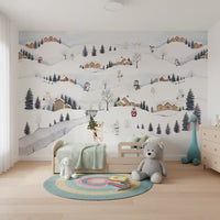 Kids' room corner where the Arctic Village Playtime wall mural meets gentle daylight