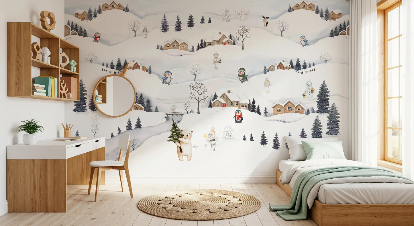 Tiny snowmen and a moose share the snowy  Playtime wall mural